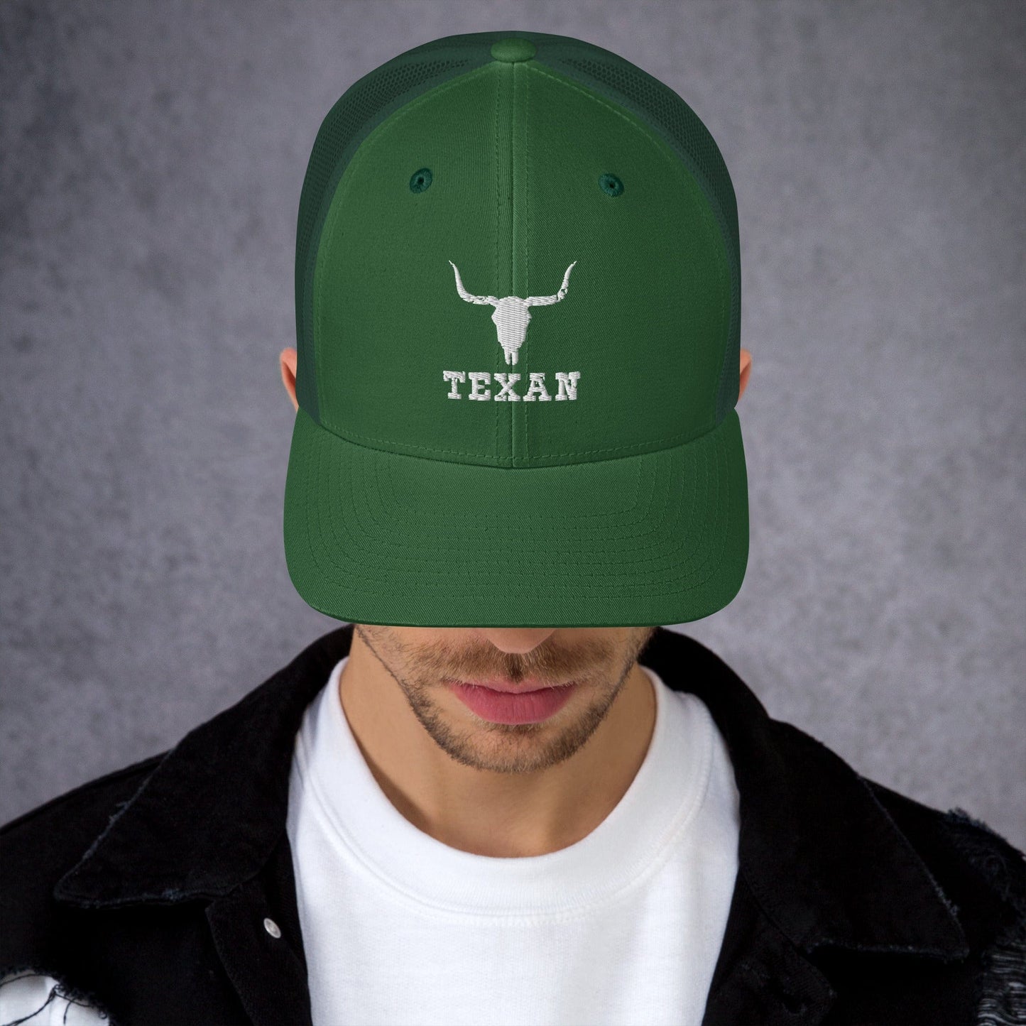 Texan Trucker Hat Texas Longhorn Skull Cap Evergreen