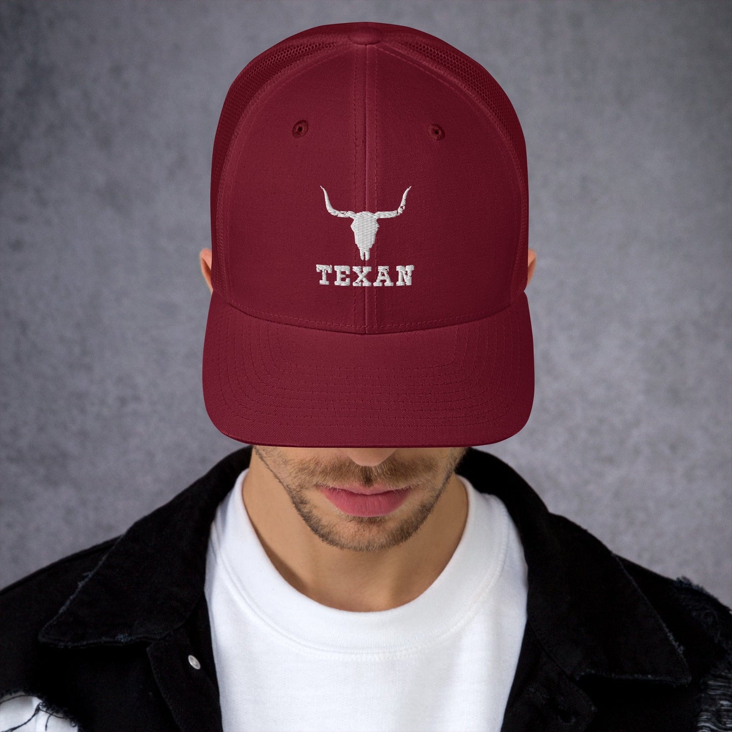 Texan Trucker Hat Texas Longhorn Skull Cap Cranberry