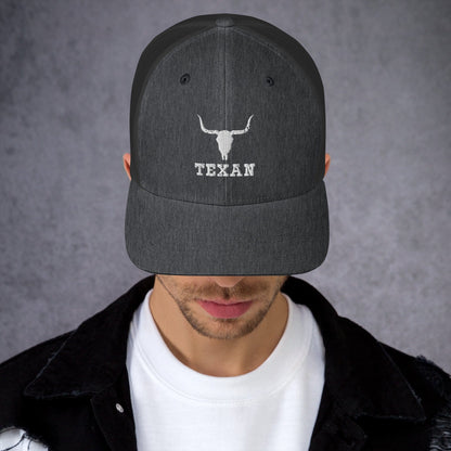 Texan Trucker Hat Texas Longhorn Skull Cap Dark Heather Gray