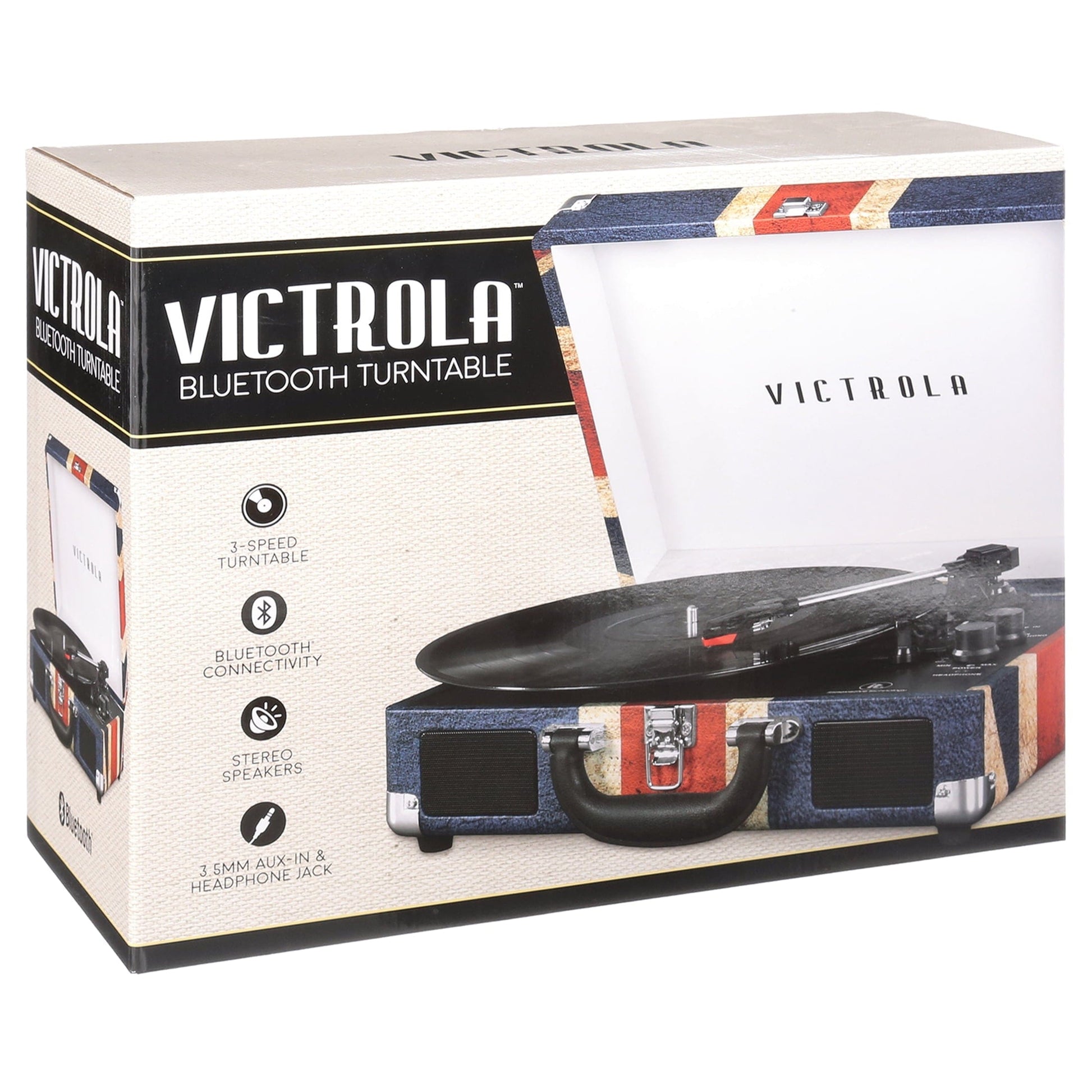 the Journey Bluetooth Suitcase Record Player with 3-Speed Turntable (Union Jack) Union Jack