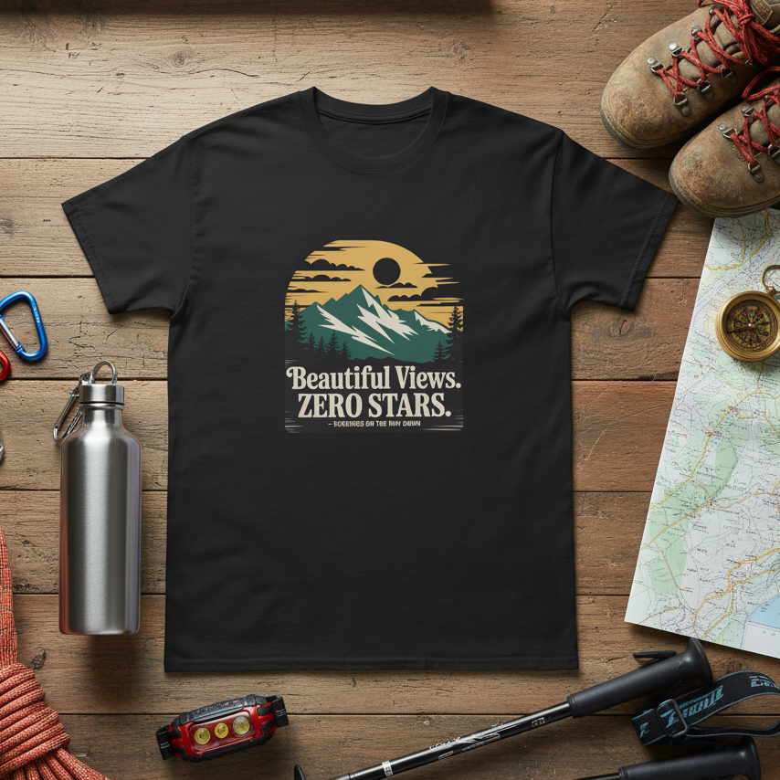Black t-shirt with mountain graphic and text on a wooden surface with hiking gear.