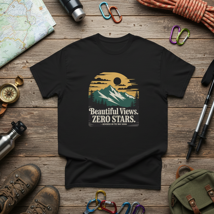Black t-shirt with mountain graphic and text on a wooden surface with hiking gear.
