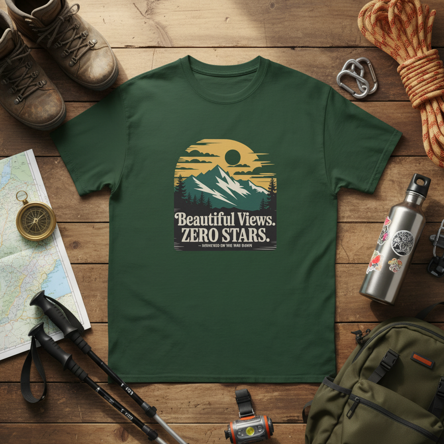 Green t-shirt with 'Beautiful Views. Zero Stars.' design on a wooden surface with hiking gear.