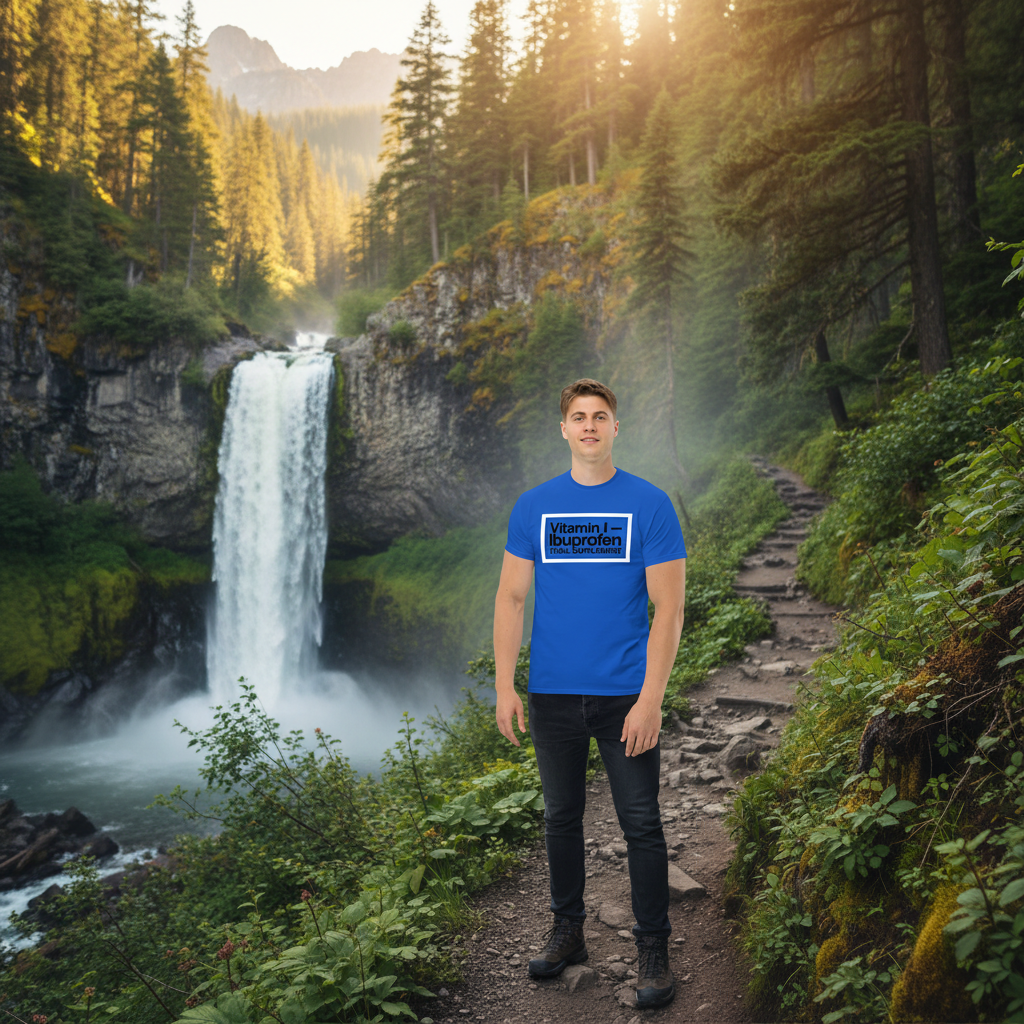 Person wearing a blue t-shirt with text standing in front of a waterfall in a forest.