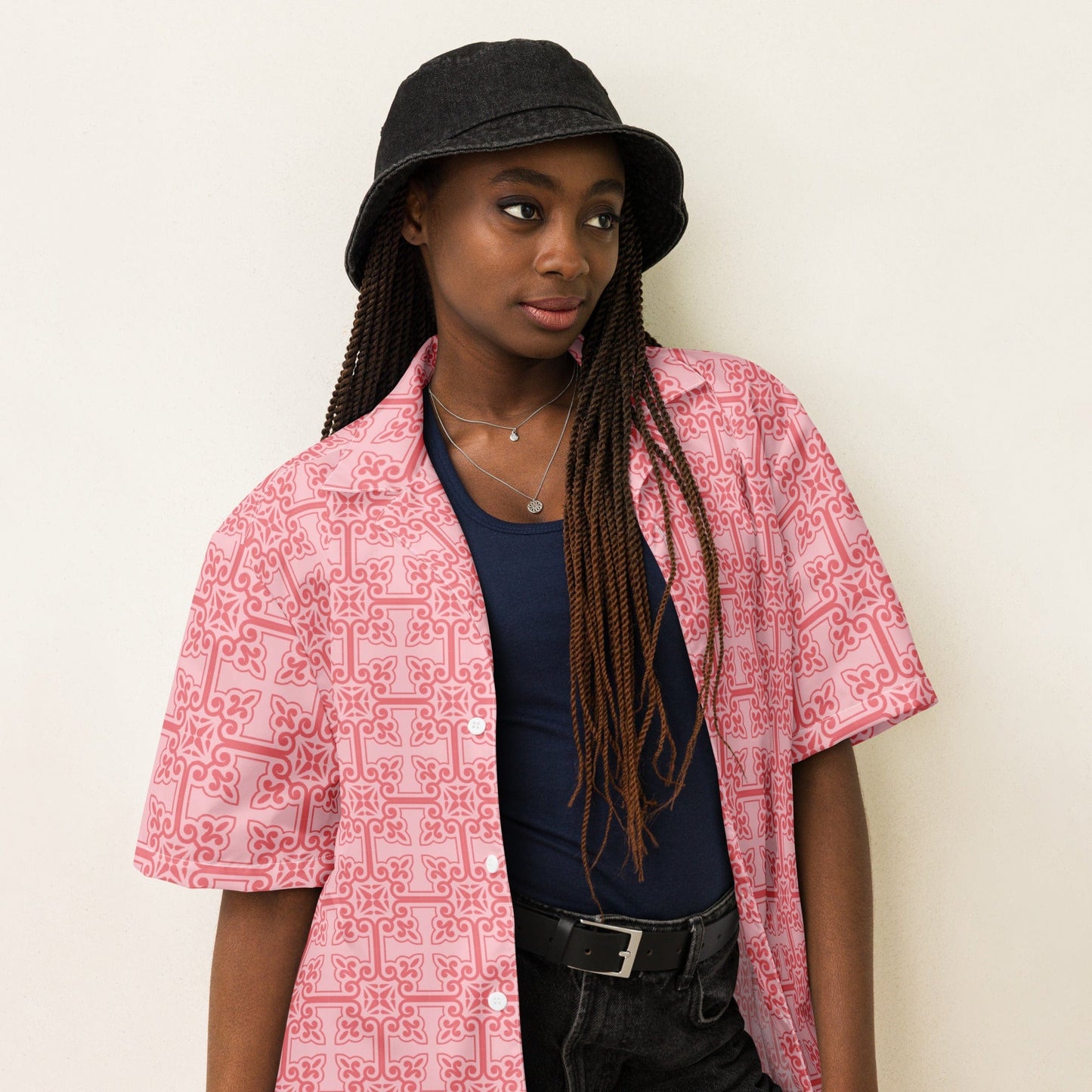 Vintage Chic Retro Pink Unisex Button-Up Shirt