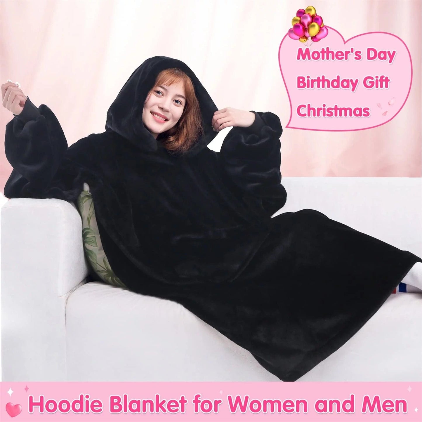 Wearable Blanket Hoodie Sweatshirt for Women and Men, Warm and Cozy Blanket Hoodie, Flannel Blanket with Sleeves and Giant Pocket Black / Oversize