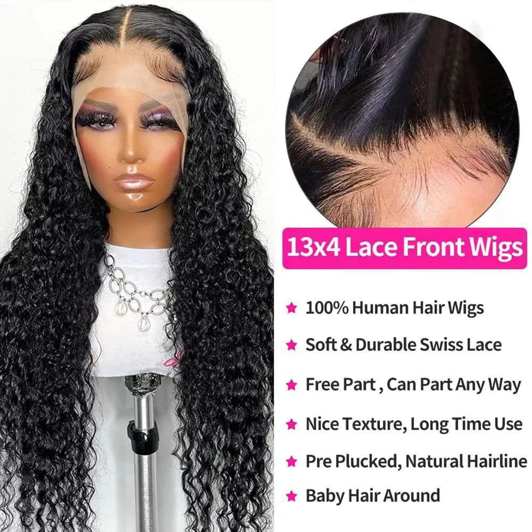 Wigs Human Hair Deep Wave Lace Front Wigs for Black Women 100% Brazilian Human Hair Pre Plucked Lacefront Wig 180% Density Natural Black Color  20 Inch 20"