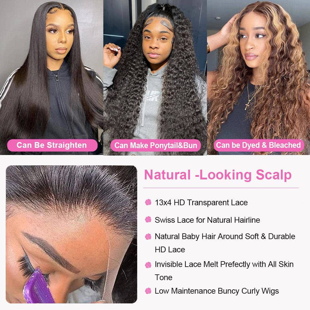 Wigs Human Hair Deep Wave Lace Front Wigs for Black Women 100% Brazilian Human Hair Pre Plucked Lacefront Wig 180% Density Natural Black Color  20 Inch 20"