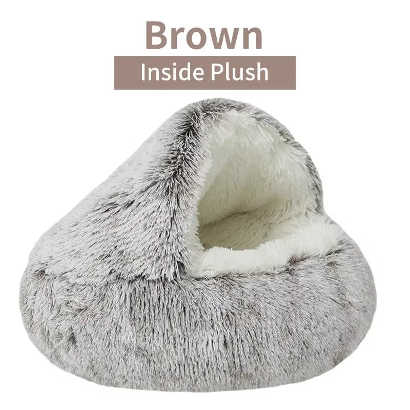 Winter Plush Pet Cat Bed round Cat Cushion Cat House 2 in 1 Warm Cats Basket Pet Sleep Bag Kitten Nest Kennel for Small Dog Cats Brown Long Plush / 50X50Cm