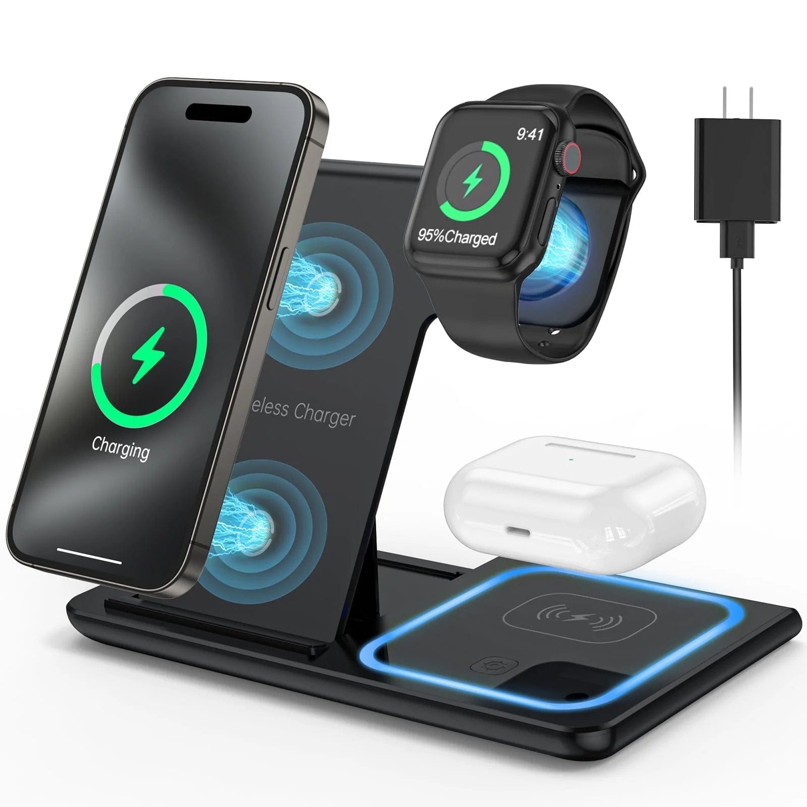 Wireless Charger, 18W Fast Iphone Charging Station for Iphone 16/15/14/13/12 /11/Pro Max/Plus, 3 in 1 Wireless Charging Stand for Iwatch Series SE 10/9/8/7/6/5/4/3, Airpods Pro/3/2 (W/ QC3.0 Adapter) Black