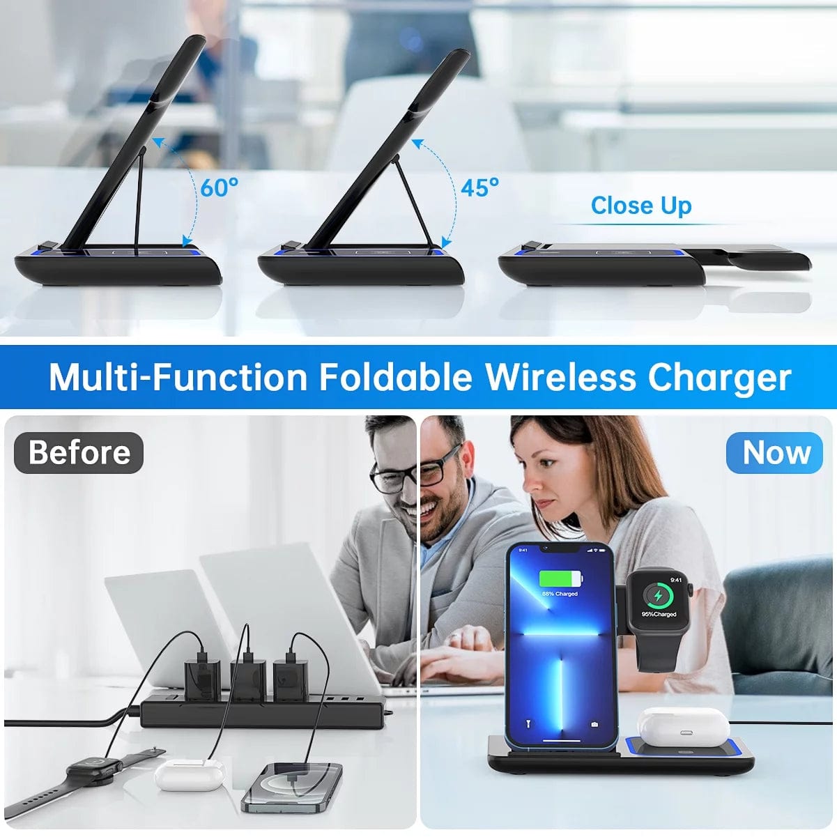 Wireless Charger, 18W Fast Iphone Charging Station for Iphone 16/15/14/13/12 /11/Pro Max/Plus, 3 in 1 Wireless Charging Stand for Iwatch Series SE 10/9/8/7/6/5/4/3, Airpods Pro/3/2 (W/ QC3.0 Adapter) Black