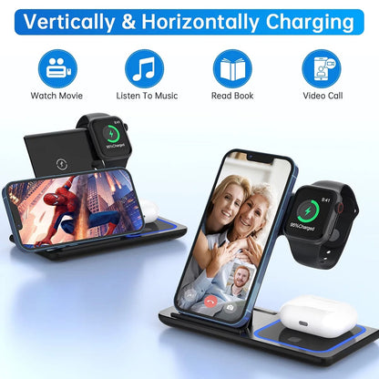 Wireless Charger, 18W Fast Iphone Charging Station for Iphone 16/15/14/13/12 /11/Pro Max/Plus, 3 in 1 Wireless Charging Stand for Iwatch Series SE 10/9/8/7/6/5/4/3, Airpods Pro/3/2 (W/ QC3.0 Adapter) Black