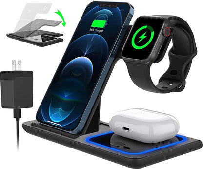 Wireless Charger, 18W Fast Iphone Charging Station for Iphone 16/15/14/13/12 /11/Pro Max/Plus, 3 in 1 Wireless Charging Stand for Iwatch Series SE 10/9/8/7/6/5/4/3, Airpods Pro/3/2 (W/ QC3.0 Adapter) Black