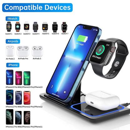 Wireless Charger, 18W Fast Iphone Charging Station for Iphone 16/15/14/13/12 /11/Pro Max/Plus, 3 in 1 Wireless Charging Stand for Iwatch Series SE 10/9/8/7/6/5/4/3, Airpods Pro/3/2 (W/ QC3.0 Adapter) Black