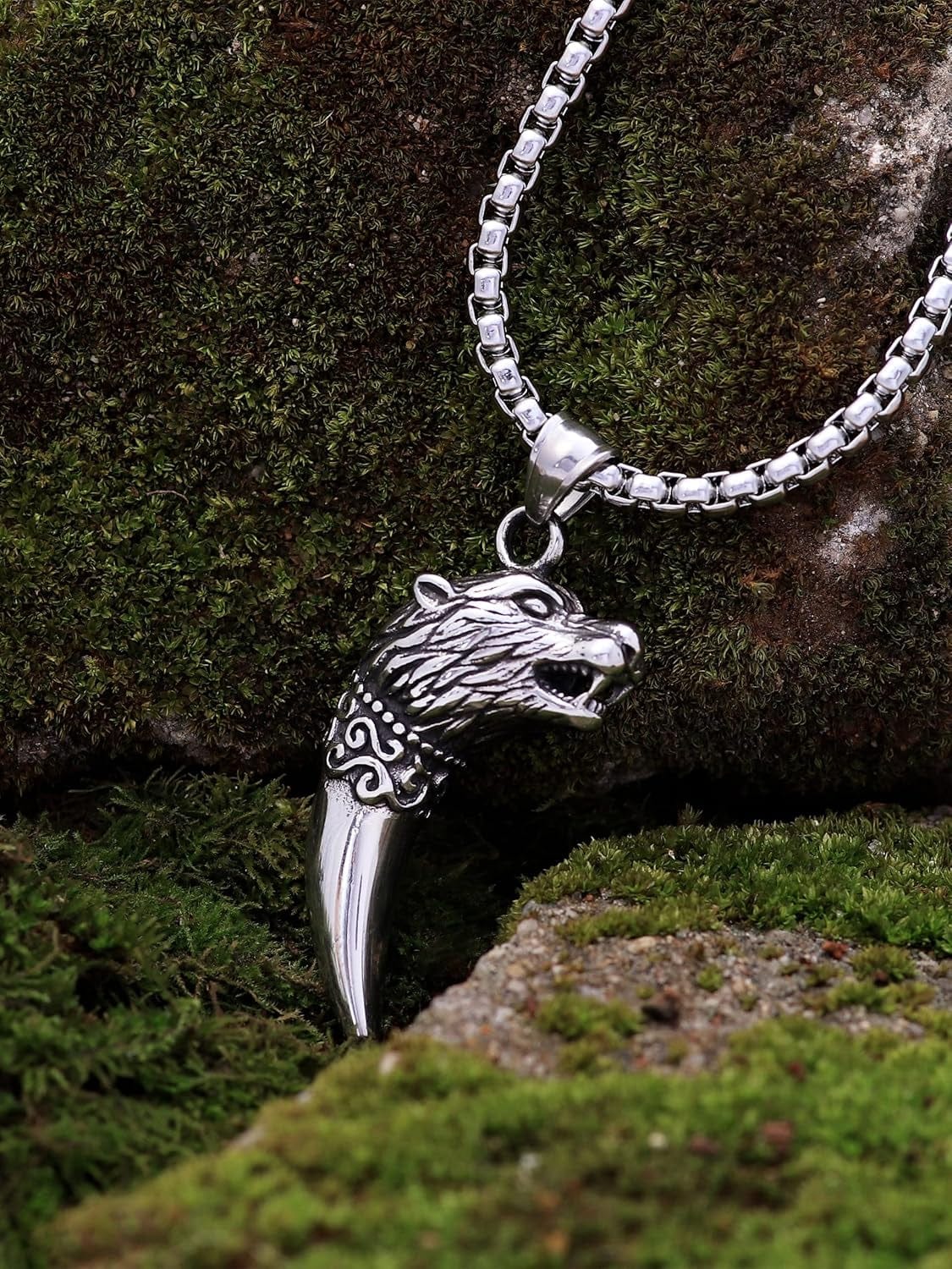 Wolf Tooth Necklace, Stainless Steel Wolf Head on Wolf Fang Pendant, Box Chain, Viking Wolf Jewelry Gift (AD)