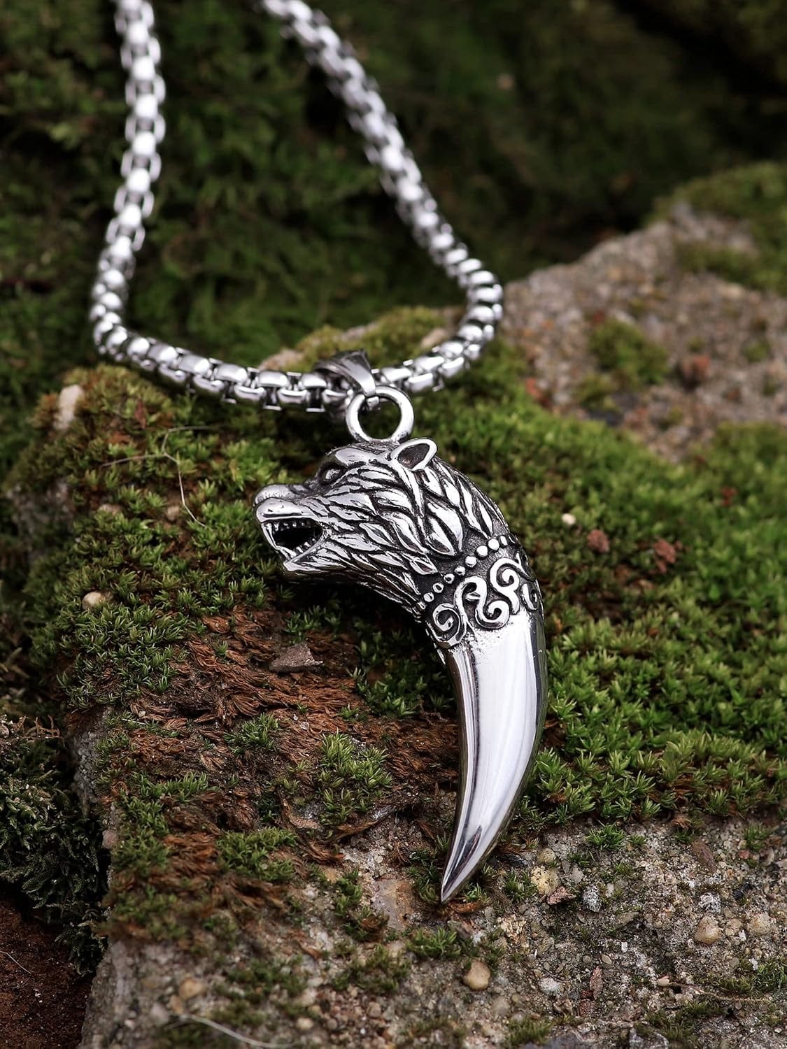 Wolf Tooth Necklace, Stainless Steel Wolf Head on Wolf Fang Pendant, Box Chain, Viking Wolf Jewelry Gift (AD)