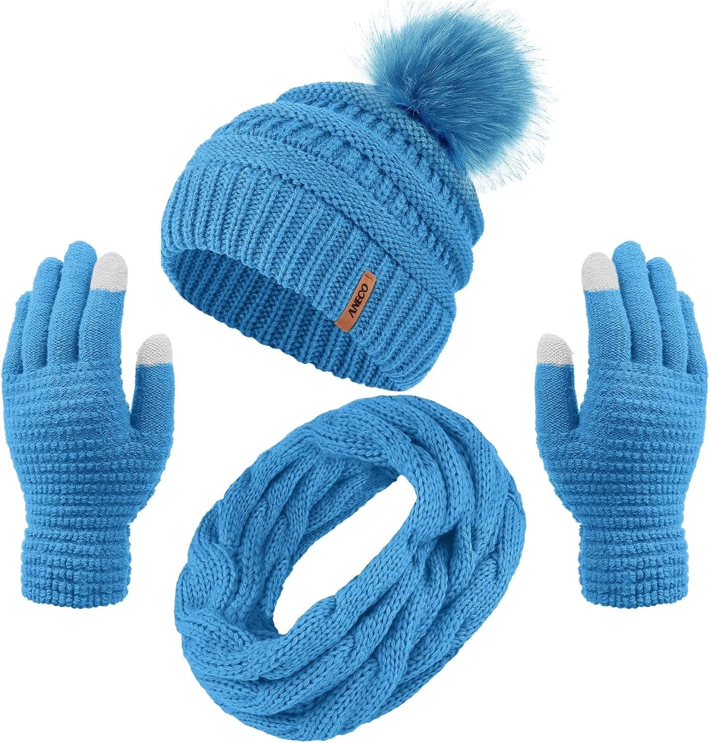 Womens Winter Warm Sets Knitted Fur Pompoms Beanie Hat Circle Loop Scarf Touch Screen Gloves Winter Favor Accessories Pastel Blue