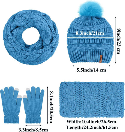 Womens Winter Warm Sets Knitted Fur Pompoms Beanie Hat Circle Loop Scarf Touch Screen Gloves Winter Favor Accessories Pastel Blue