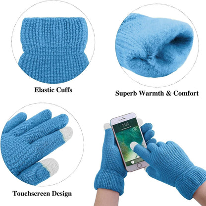 Womens Winter Warm Sets Knitted Fur Pompoms Beanie Hat Circle Loop Scarf Touch Screen Gloves Winter Favor Accessories Pastel Blue