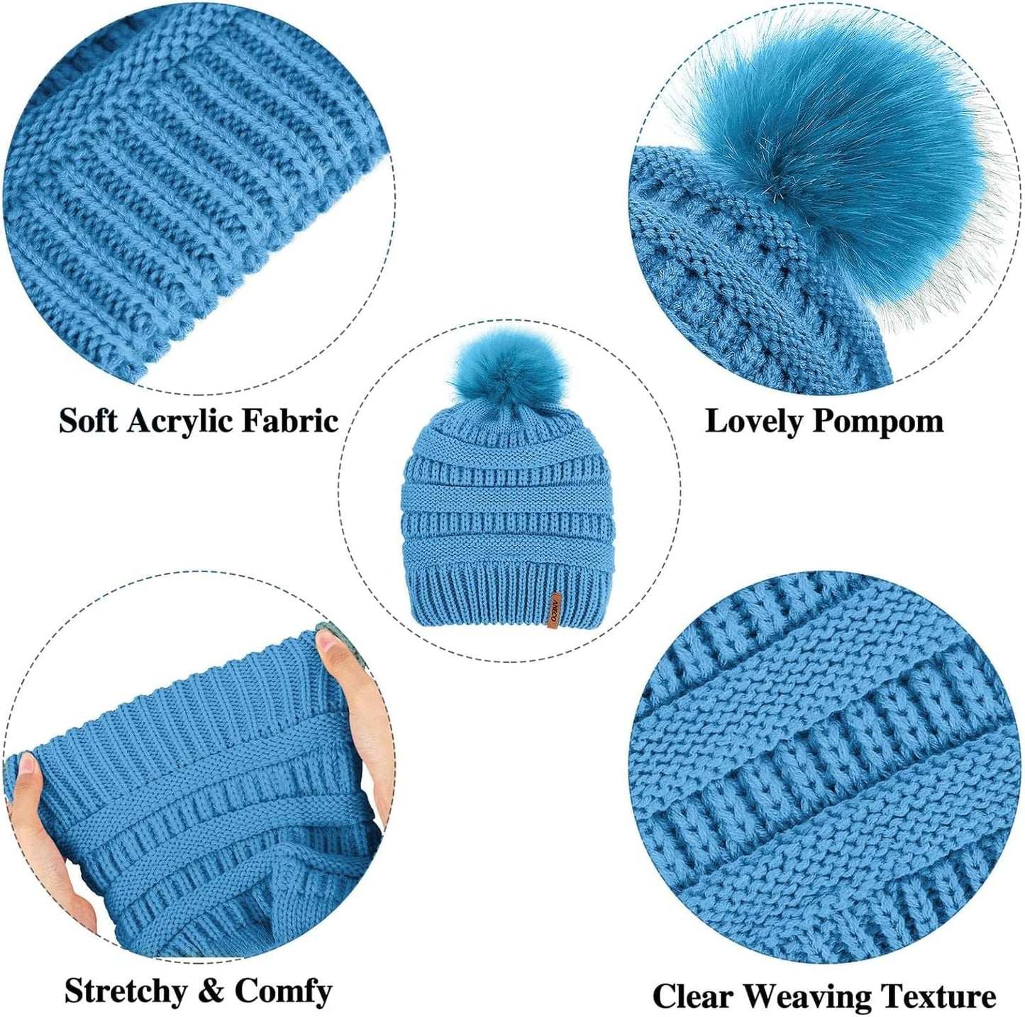 Womens Winter Warm Sets Knitted Fur Pompoms Beanie Hat Circle Loop Scarf Touch Screen Gloves Winter Favor Accessories Pastel Blue