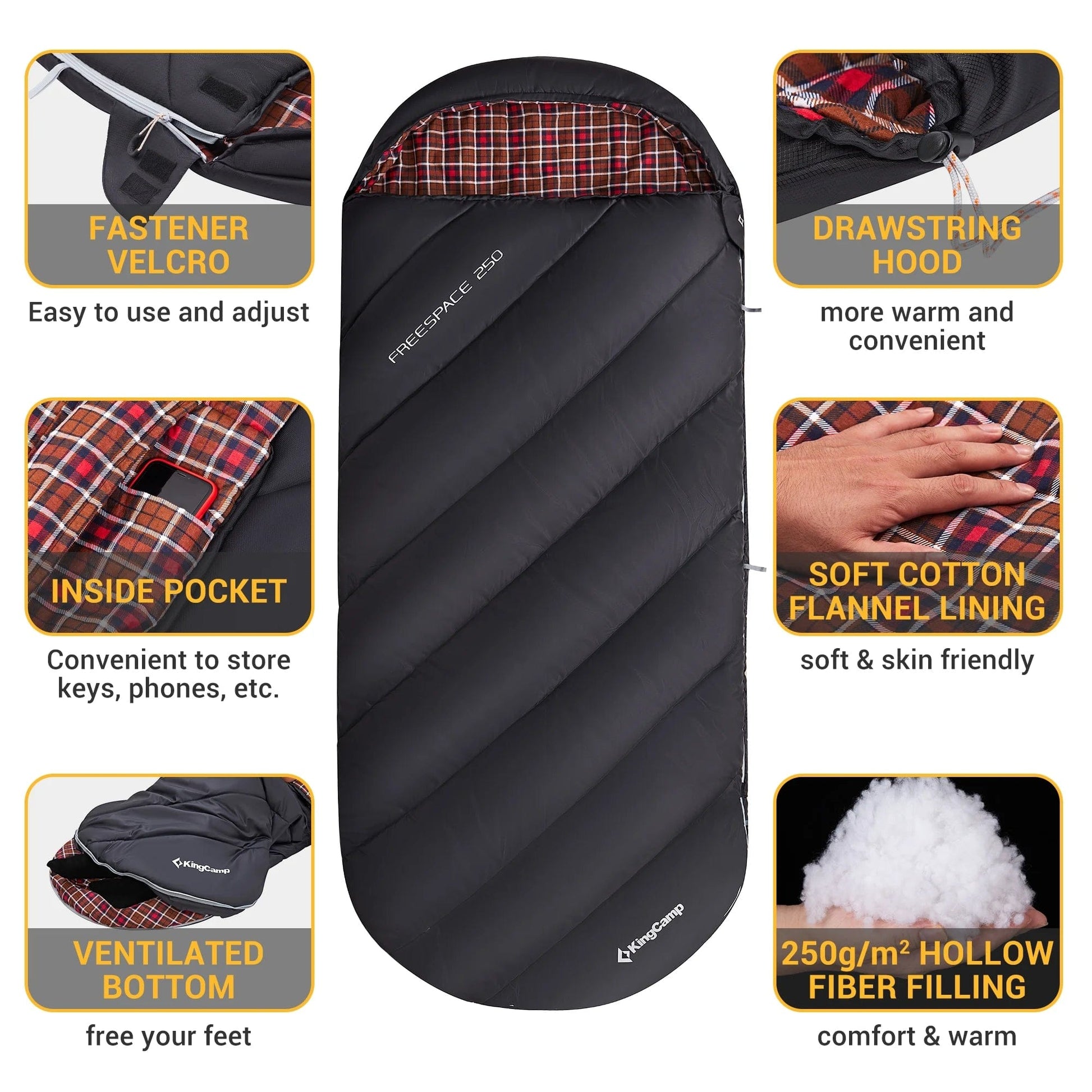 XL Camping Sleeping Bags 3 Seasons Oversized Lightweight Cotton Flannel Sleeping Bag Black Black