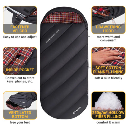 XL Camping Sleeping Bags 3 Seasons Oversized Lightweight Cotton Flannel Sleeping Bag Black Black